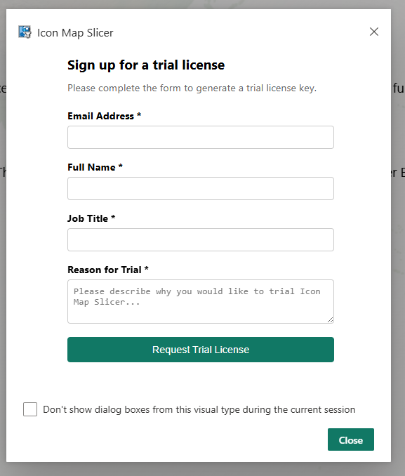 Icon Map Slicer Trial Signup dialog